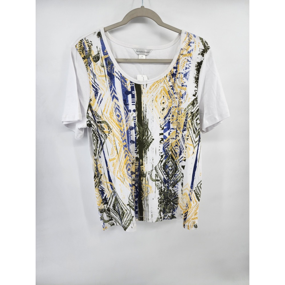 Christopher & Banks Womens XL White Tribal Print Cotton Short Sleeve T-Shirt NWT